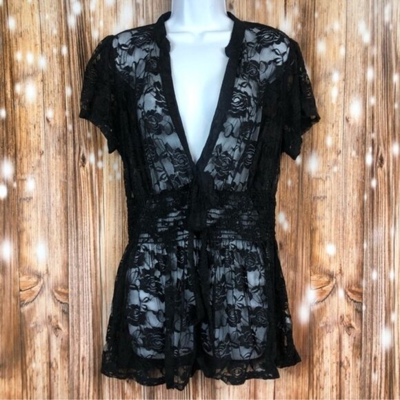 Maurices Black Floral Short Sleeve Lace top - Picture 1 of 5
